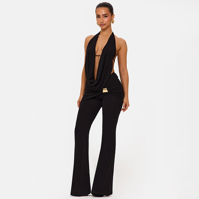 Halter Open Front Backless Top Cutout Pants 2pcs Set Black