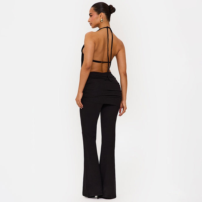 Halter Open Front Backless Top Cutout Pants 2pcs Set Black