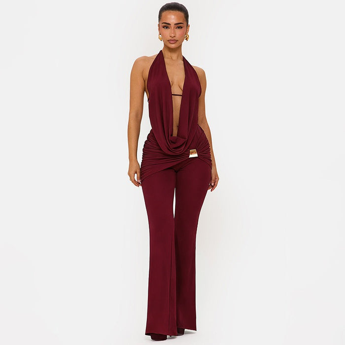 Halter Open Front Backless Top Cutout Pants 2pcs Set Black