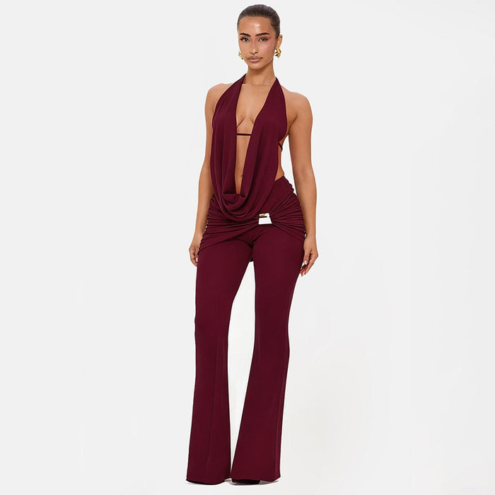 Halter Open Front Backless Top Cutout Pants 2pcs Set Black