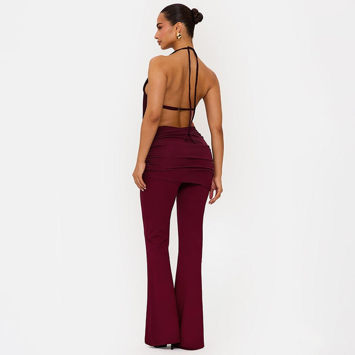Halter Open Front Backless Top Cutout Pants 2pcs Set Black