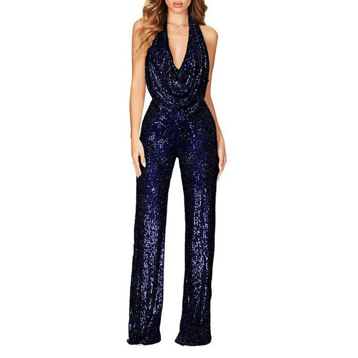 Halter V Neck Sequin Sash Top Bodycon Pants 2pcs Set-Black Pre Order