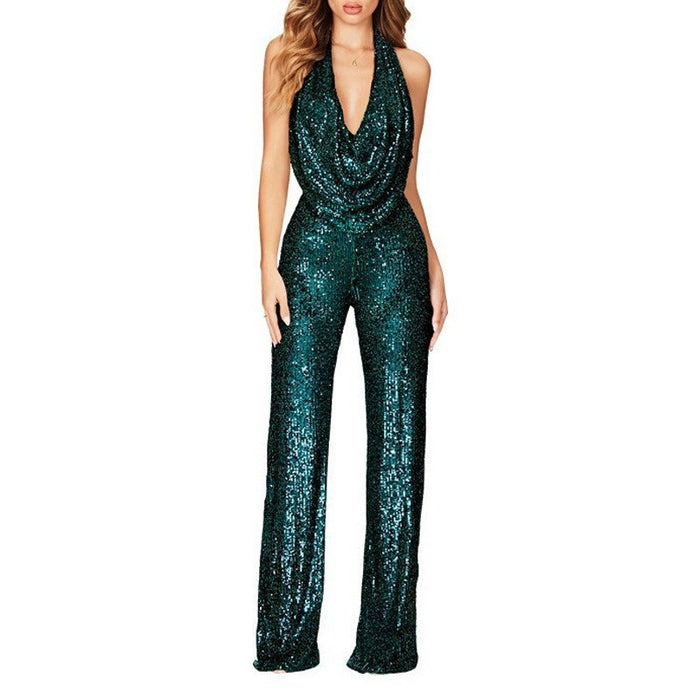 Halter V Neck Sequin Sash Top Bodycon Pants 2pcs Set-Black Pre Order