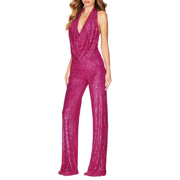 Halter V Neck Sequin Sash Top Bodycon Pants 2pcs Set-Black Pre Order