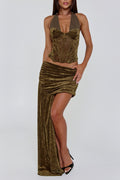 Halter V Neck Top Asymmetric Maxi Skirt Velvet 2pcs Set-Brown Pre Order