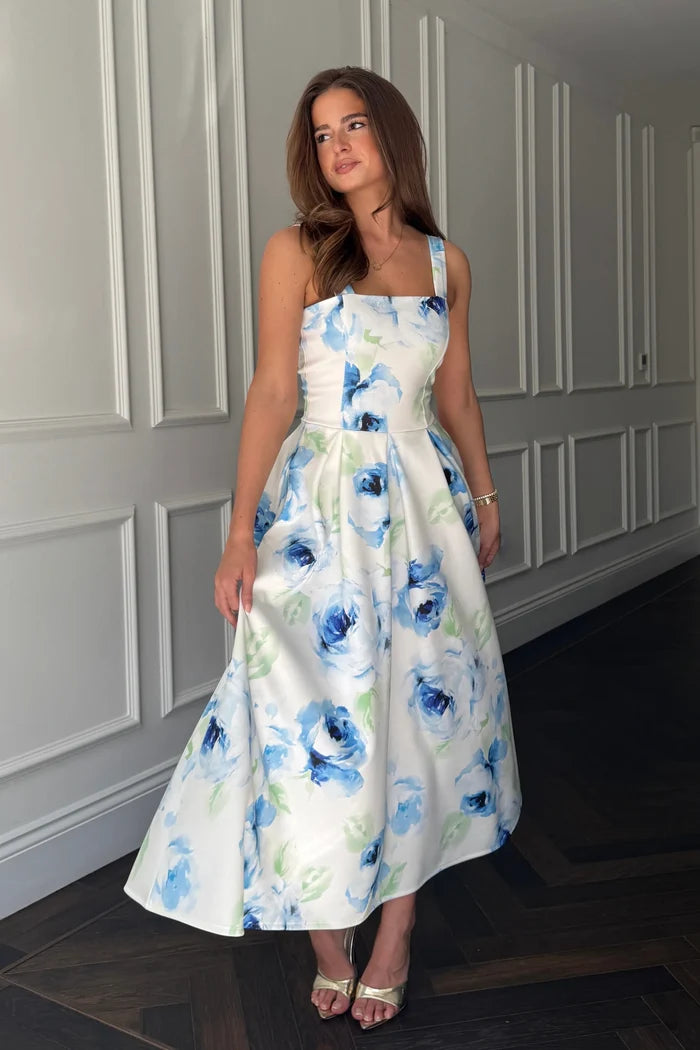 Heather Floral Pleated Skirt Dress (Blue)