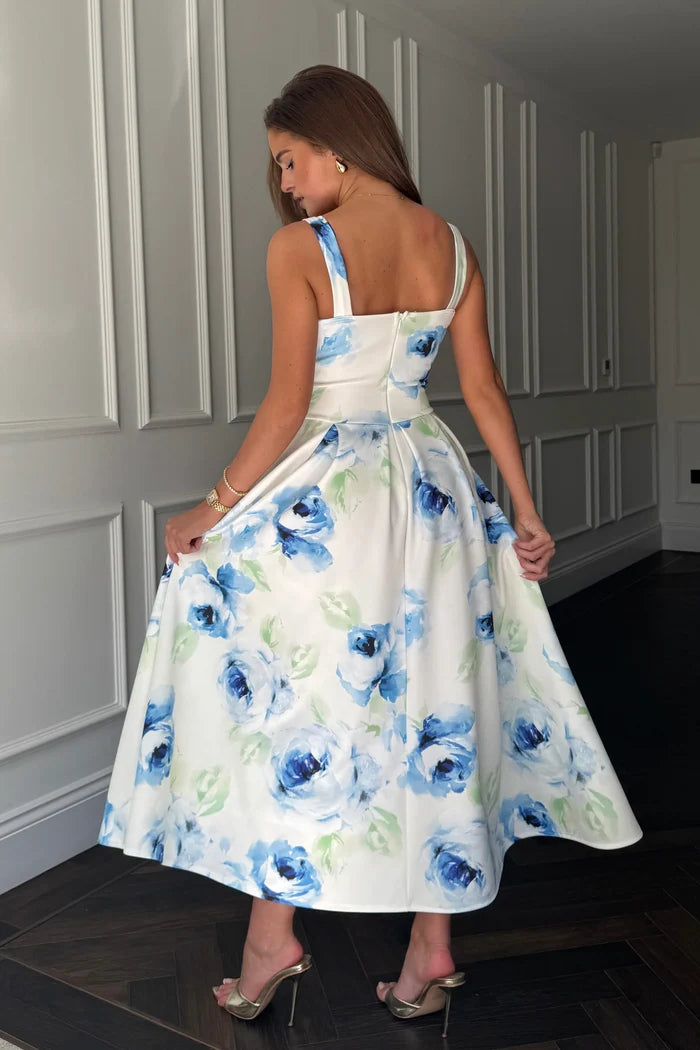 Heather Floral Pleated Skirt Dress (Blue)