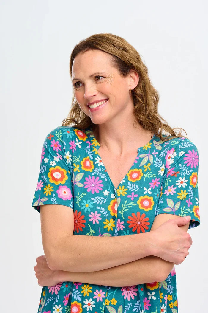 Heather Jersey Midi Smock Dress (Teal Folk Floral)