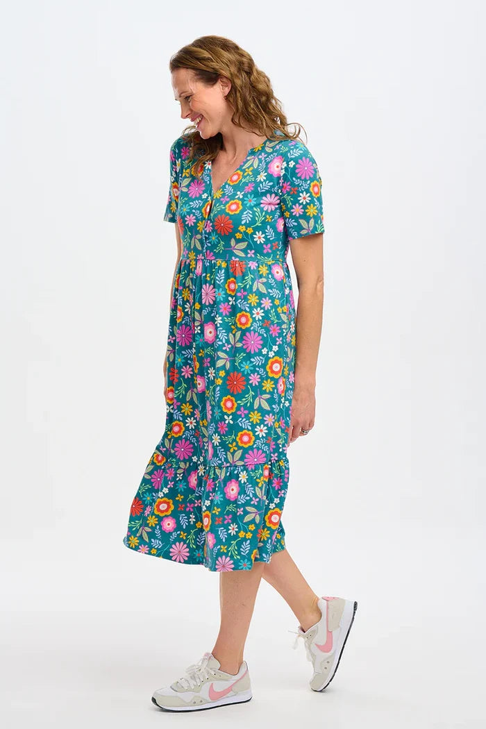 Heather Jersey Midi Smock Dress (Teal Folk Floral)