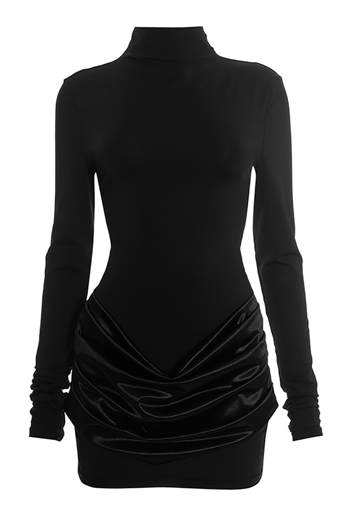 High Neck Long Sleeve Draped Design Bodycon Mini Dresses-Black