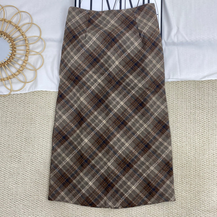 High-Waisted Plaid Wool Midi Skirt