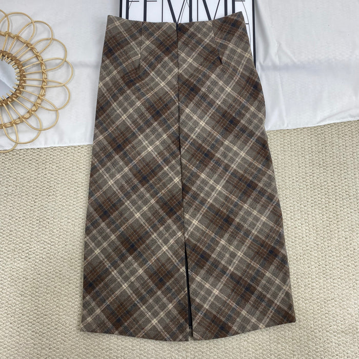 High-Waisted Plaid Wool Midi Skirt