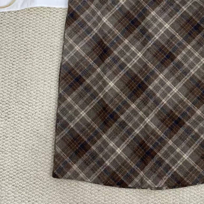 High-Waisted Plaid Wool Midi Skirt