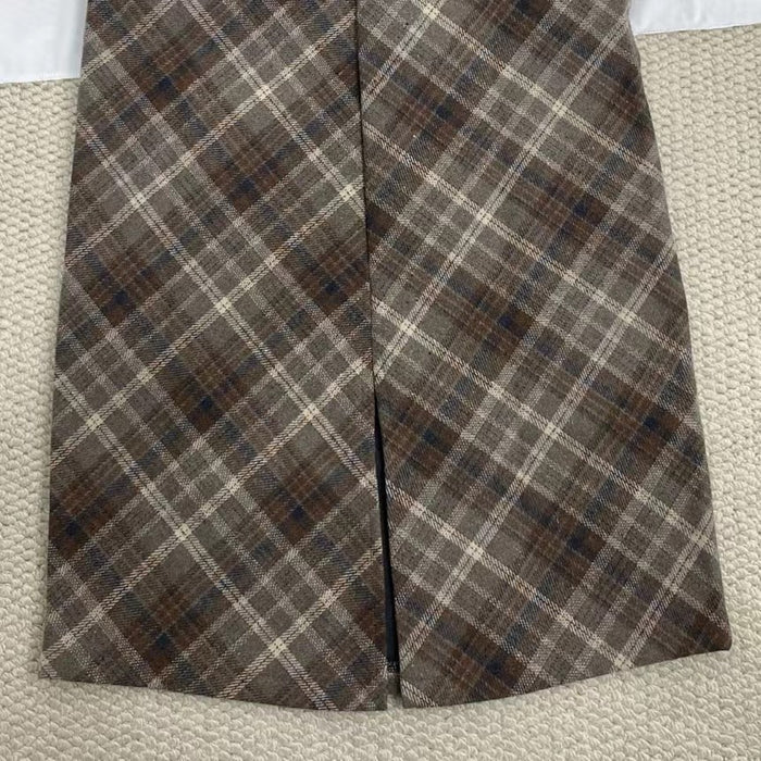 High-Waisted Plaid Wool Midi Skirt