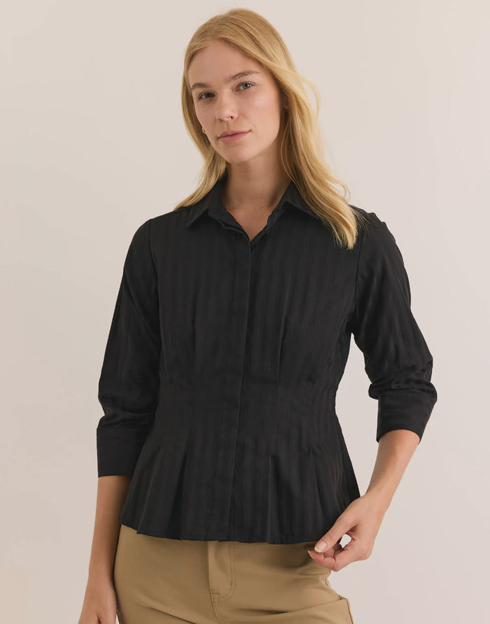 Hinson Wu Martina 3/4 Sleeve Classic Stripe Shirt in Black