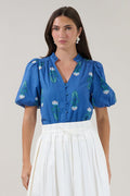 Idara Button Down Top in Blue Floral