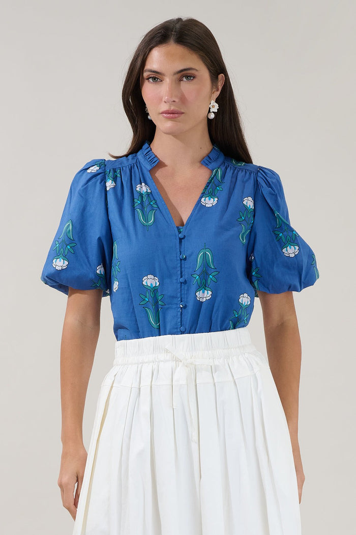 Idara Button Down Top in Blue Floral