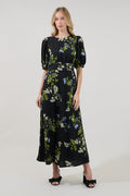 Iriela Smocked Maxi Dress in Black Floral