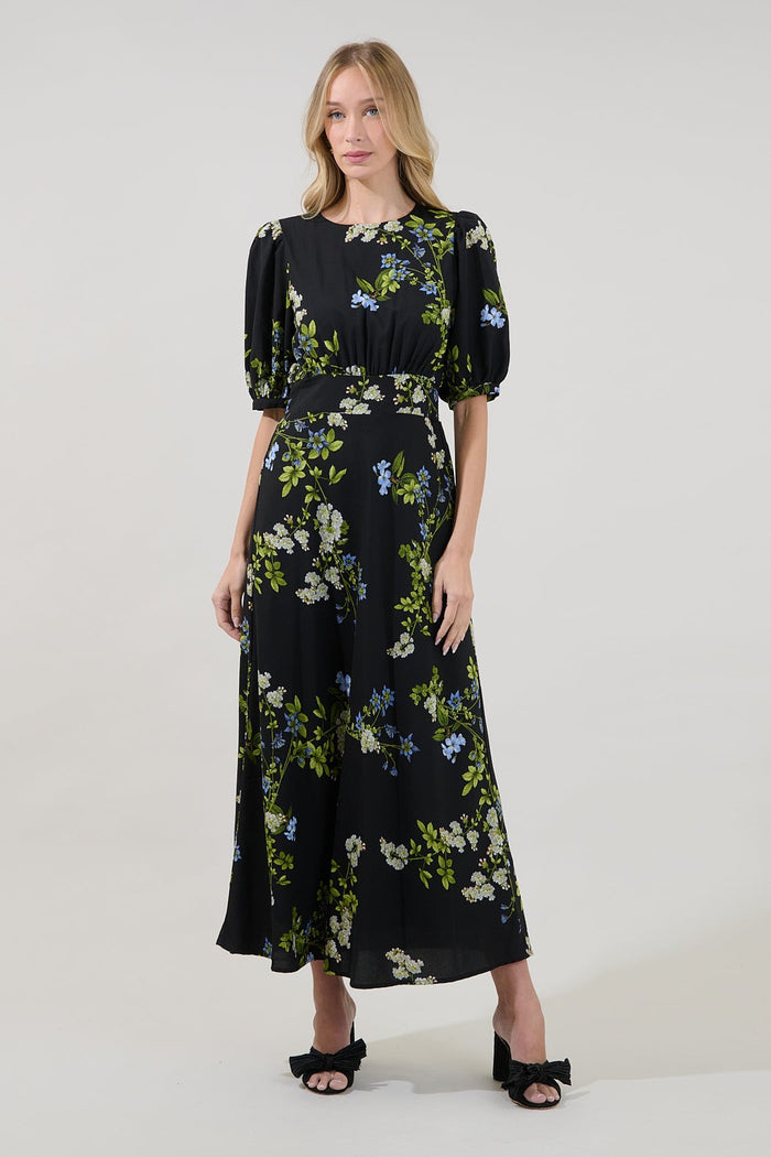 Iriela Smocked Maxi Dress in Black Floral