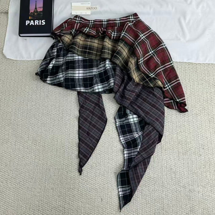 Irregular color-matched plaid half-length skirt