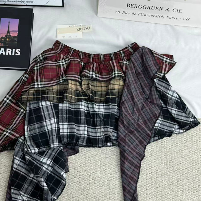Irregular color-matched plaid half-length skirt