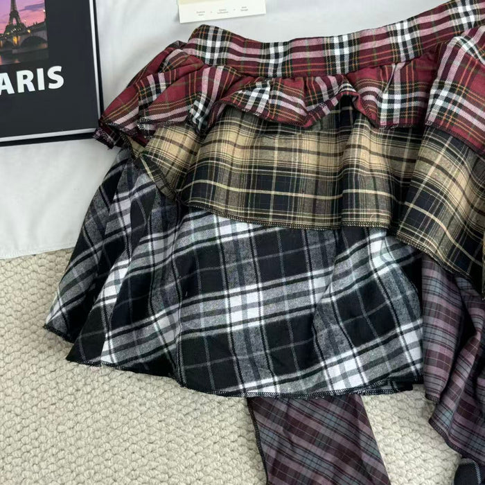 Irregular color-matched plaid half-length skirt