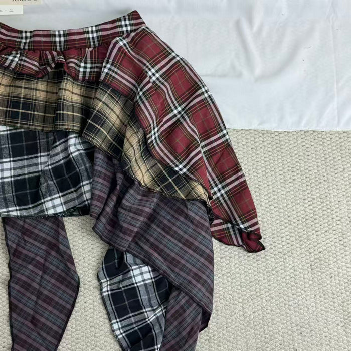 Irregular color-matched plaid half-length skirt