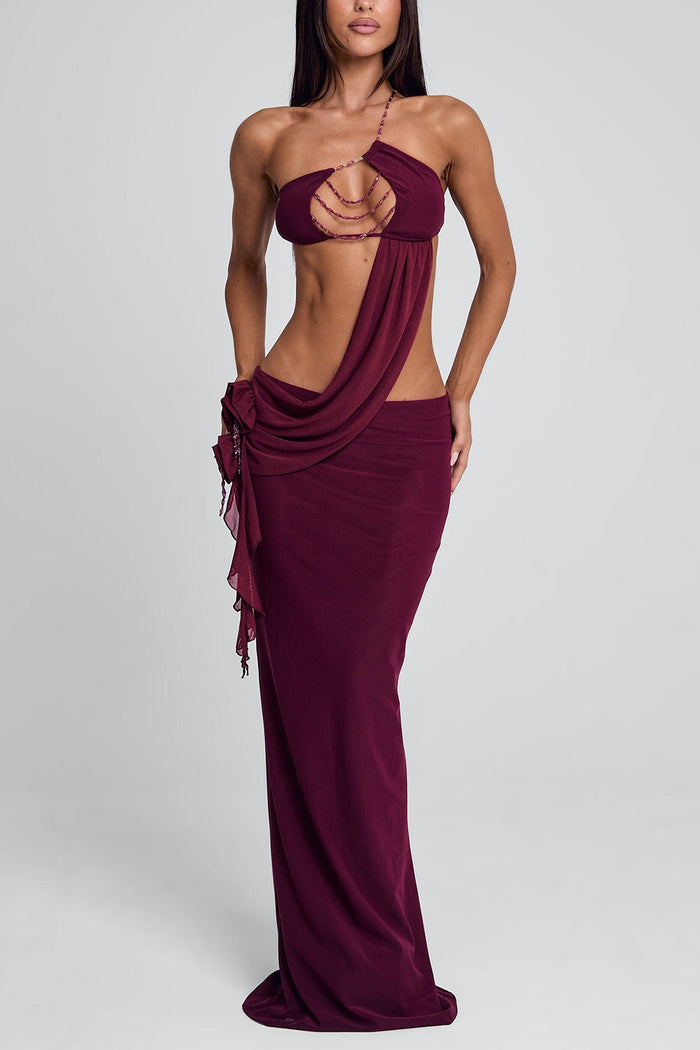 Irregular Halter Cut Out Sash Backless Party Maxi Dresses-Red Pre Order
