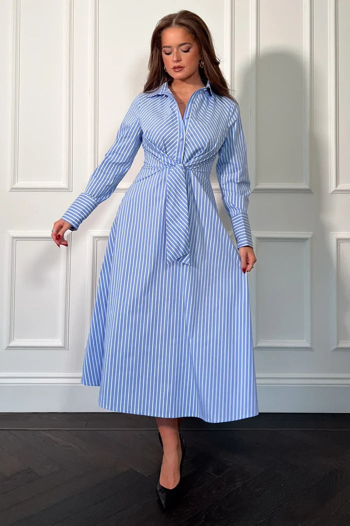 ISABELLA PIN STRIPE TIE FRONT DRESS (BLUE)