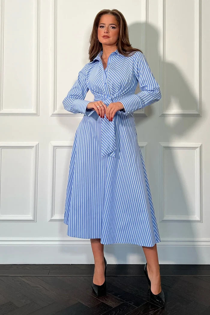 ISABELLA PIN STRIPE TIE FRONT DRESS (BLUE)