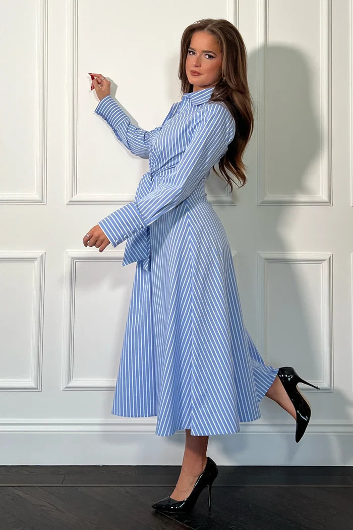 ISABELLA PIN STRIPE TIE FRONT DRESS (BLUE)
