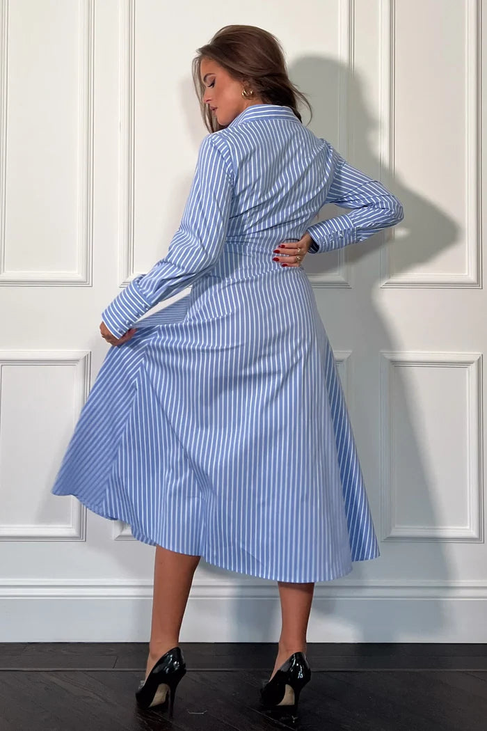 ISABELLA PIN STRIPE TIE FRONT DRESS (BLUE)