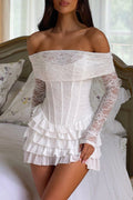 Jacquard Lace Off Shoulder Corset Tiered Ruffled Mini Dresses White