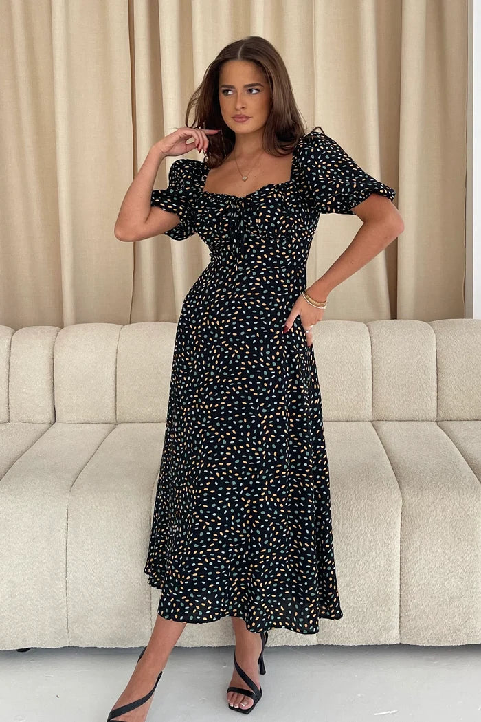 Jemima Square Neck Midi Dress (Black/Multi)