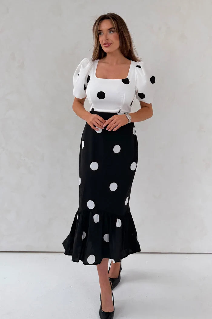 Jennifer Contrast Spot Midi Dress (Black/White)