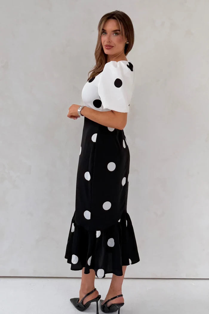 Jennifer Contrast Spot Midi Dress (Black/White)
