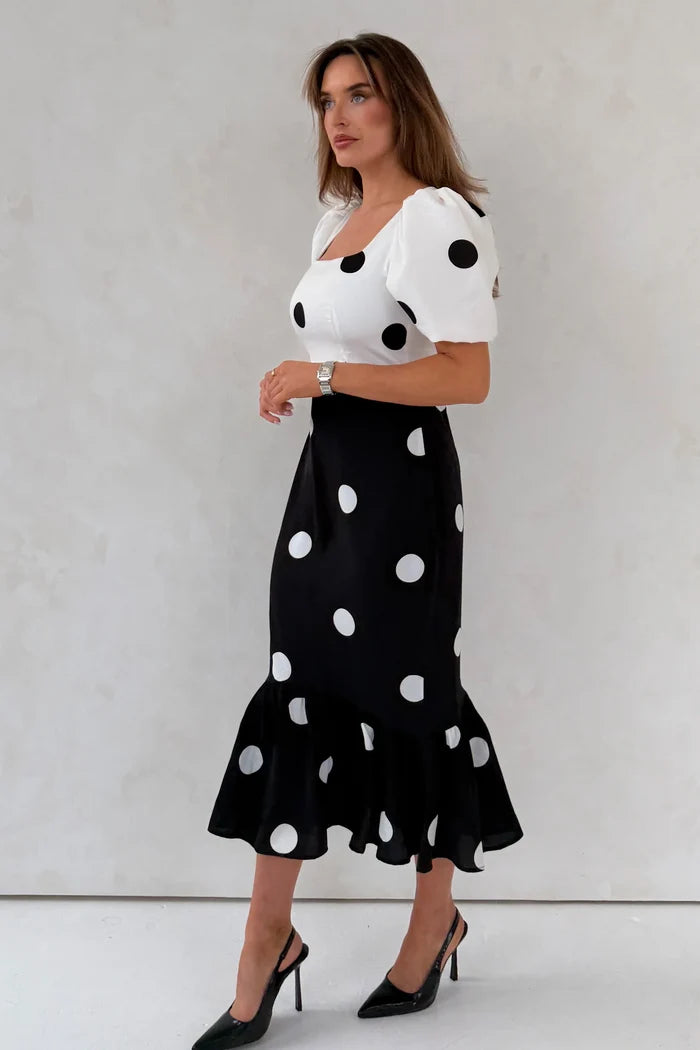 Jennifer Contrast Spot Midi Dress (Black/White)