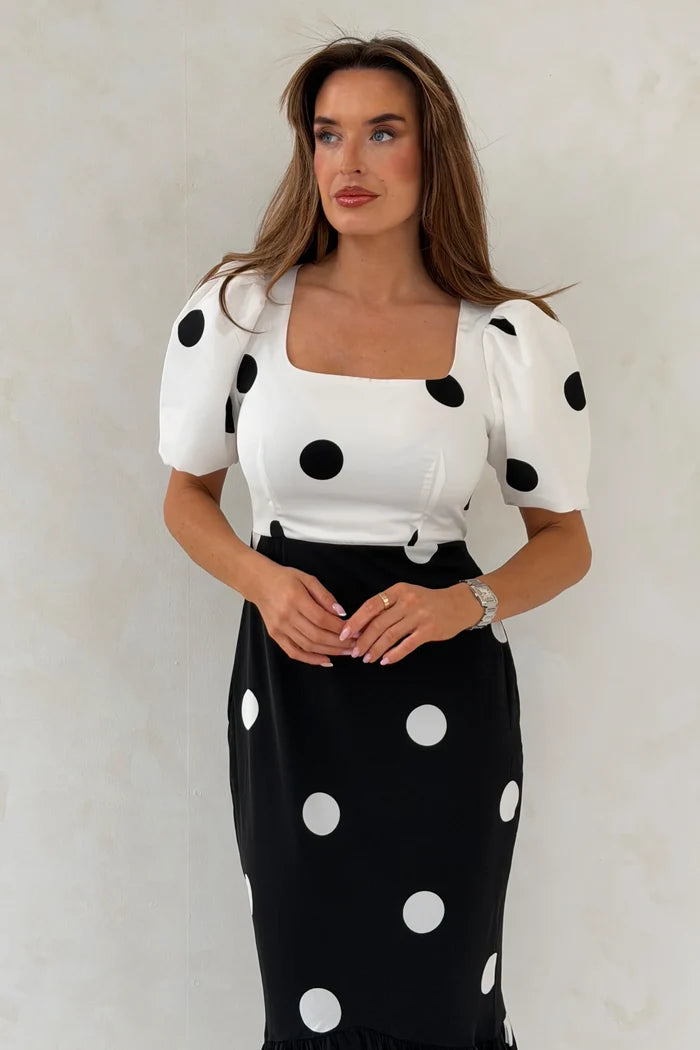 Jennifer Contrast Spot Midi Dress (Black/White)