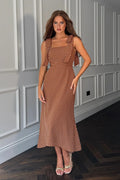 Jovi Tie Shoulder Square Neck Midi Dress (Brown)