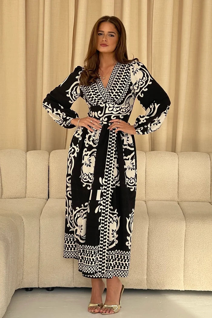 Juno Border Print Long Sleeve Maxi Dress (Black)