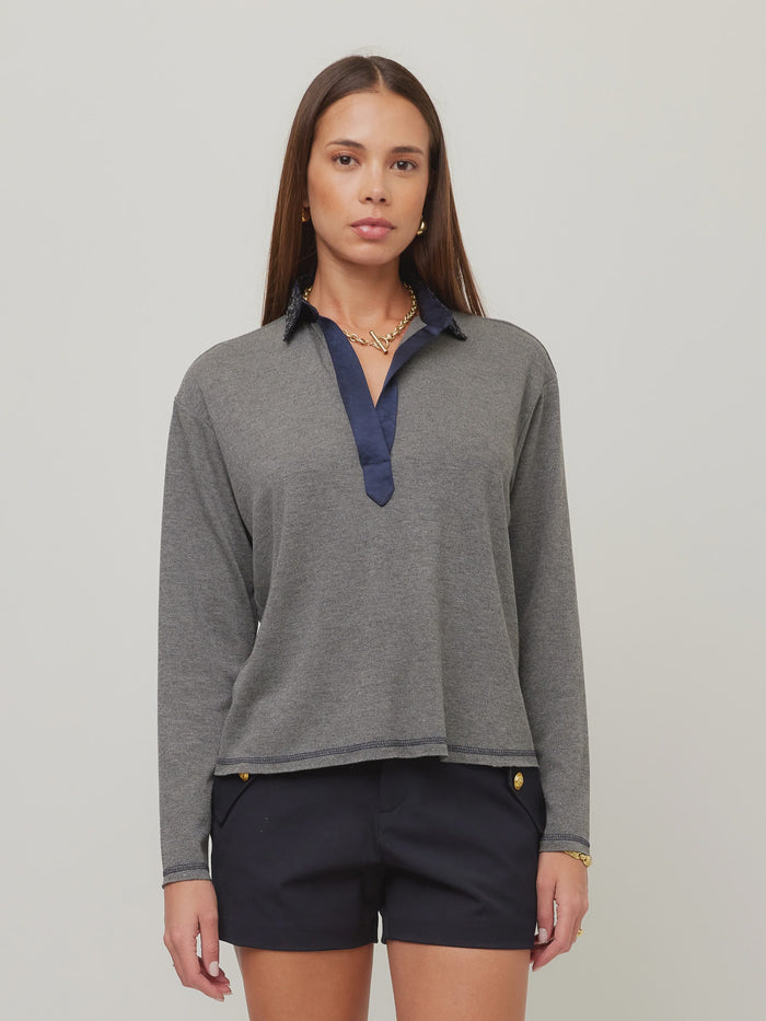 Kendall Sequin Collar Top in Dark Heather Gray