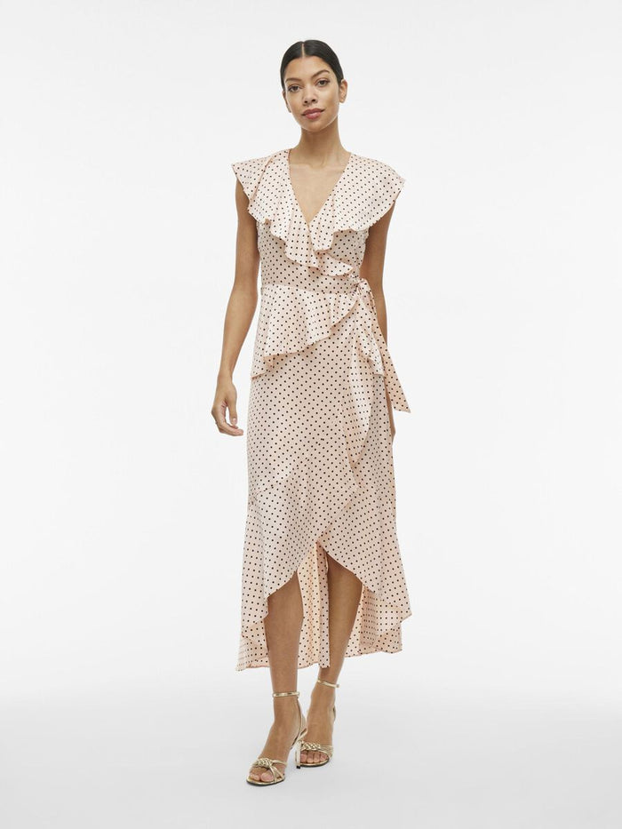 Kimmie Maxi Wrap Dress (Peach Whip/Black Dots)