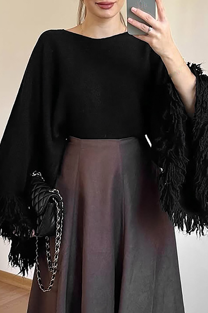 Knit Fringed Cuffs Flare Sleeve Loose Fit Sweater-Beige