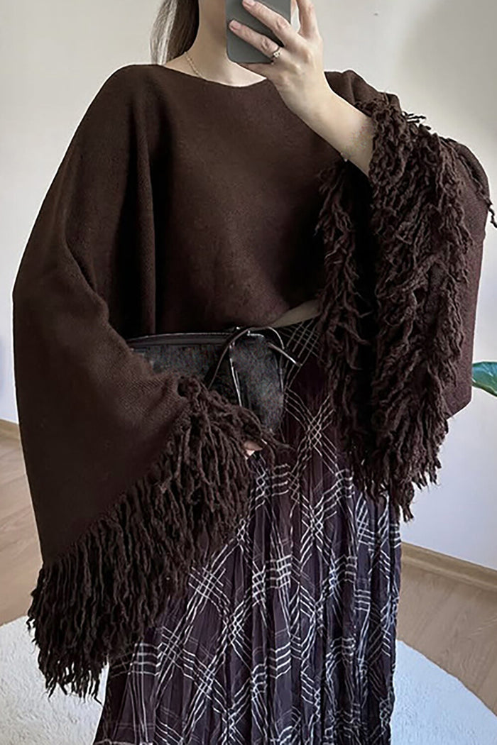 Knit Fringed Cuffs Flare Sleeve Loose Fit Sweater-Beige