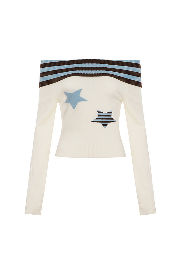 Knit Striped Stars Pattern Off Shoulder Long Sleeve Sweater-Beige