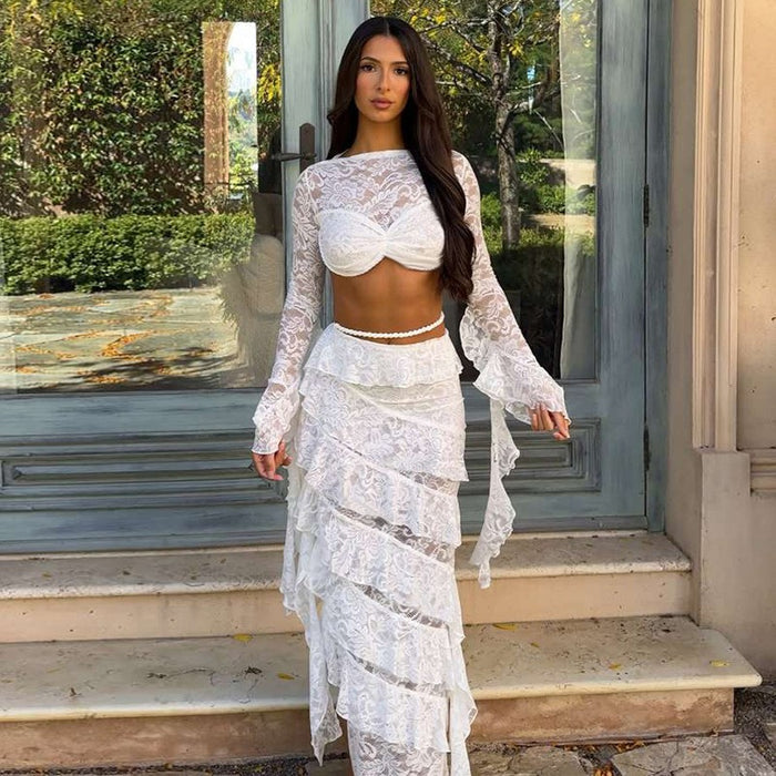 Lace Flare Sleeve Crop Top Ruffled High Low Maxi Skirt 2pcs Set