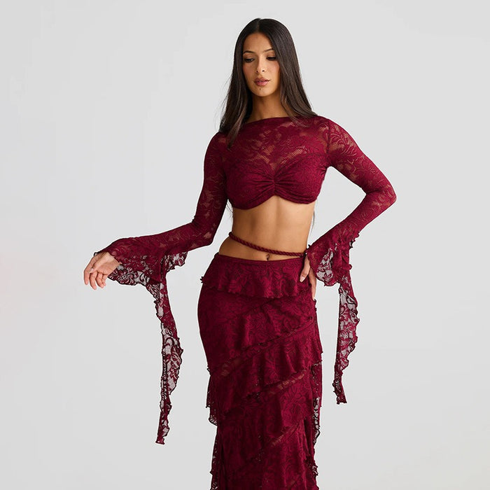 Lace Flare Sleeve Crop Top Ruffled High Low Maxi Skirt 2pcs Set