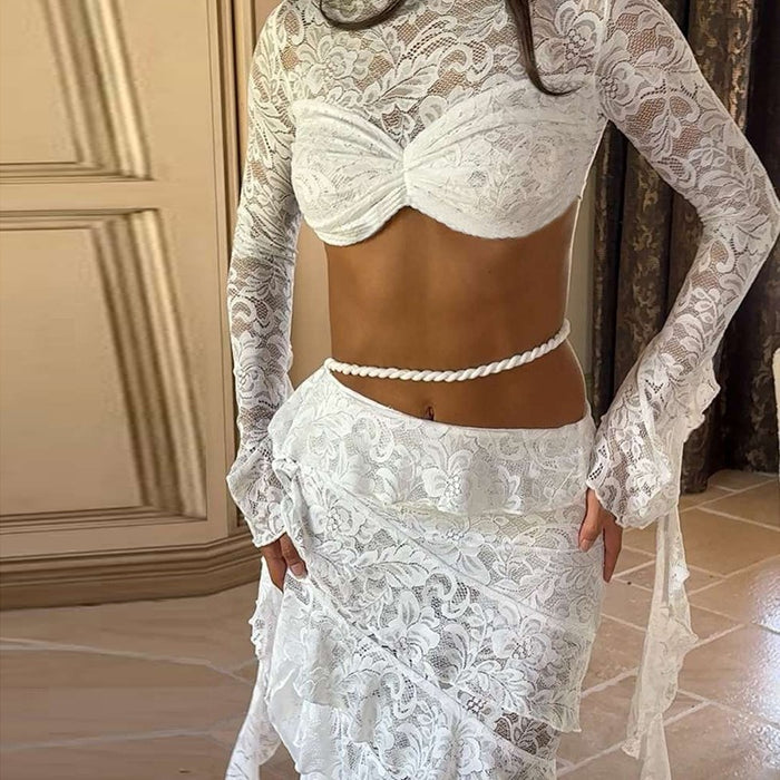 Lace Flare Sleeve Crop Top Ruffled High Low Maxi Skirt 2pcs Set