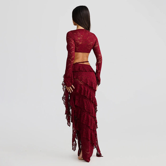 Lace Flare Sleeve Crop Top Ruffled High Low Maxi Skirt 2pcs Set