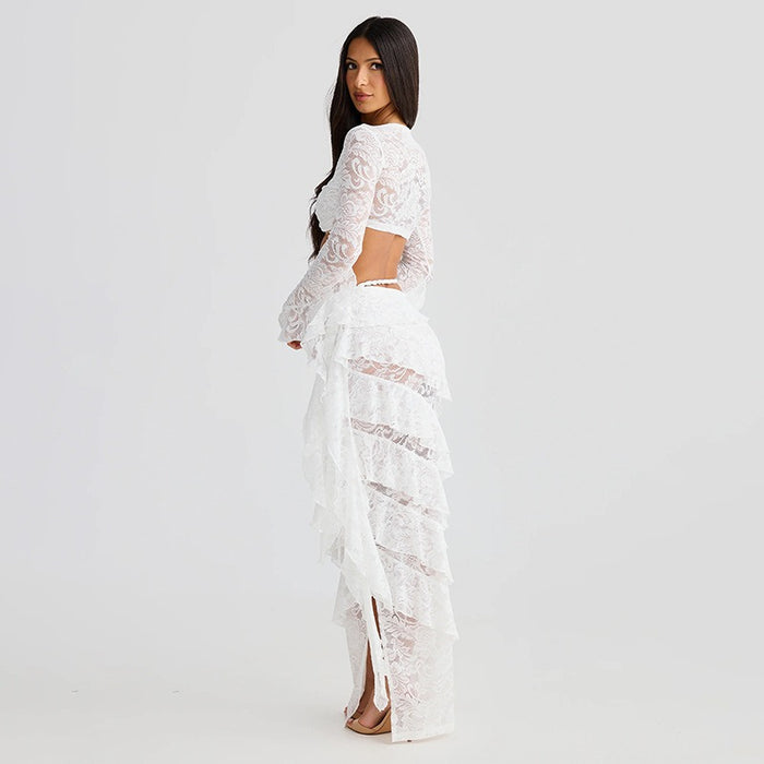 Lace Flare Sleeve Crop Top Ruffled High Low Maxi Skirt 2pcs Set